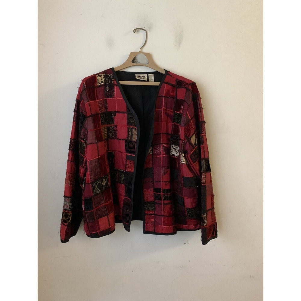 Chicos Womens Blazer 3 XL Patchwork Hobo Art to Wear Mixed Media Silk Wool Red